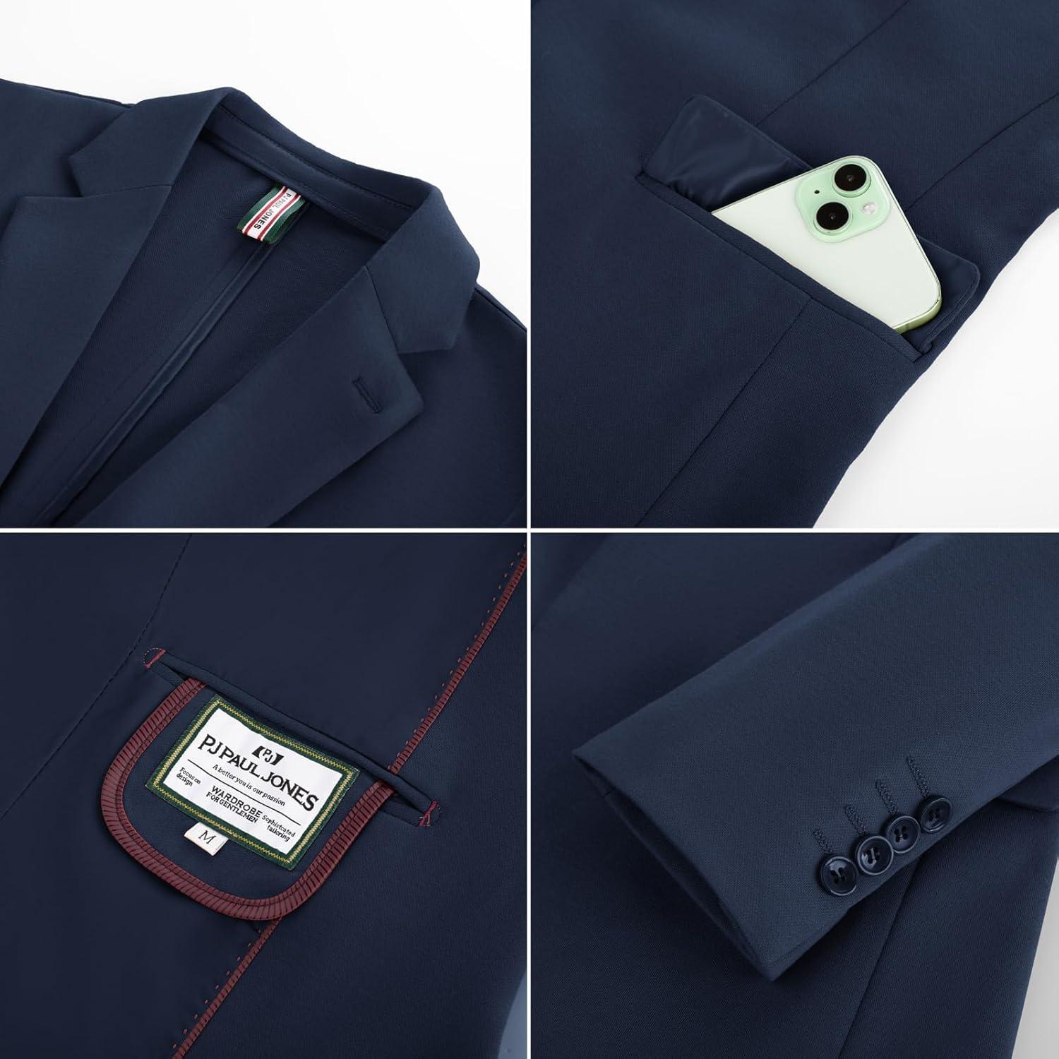 imagePJ PAUL JONES Mens Casual Knit Sport Coats One Button Slim Fit Blazer Notch Lapel Solid Suit Jacket with PocketsNavy Blue