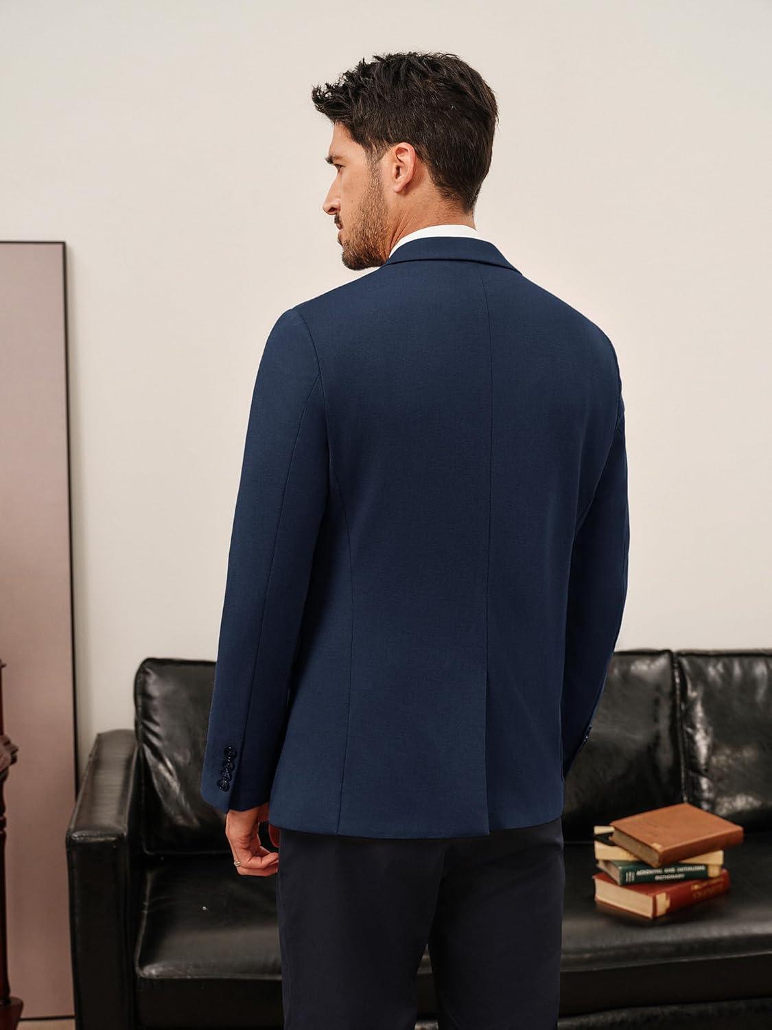 imagePJ PAUL JONES Mens Casual Knit Sport Coats One Button Slim Fit Blazer Notch Lapel Solid Suit Jacket with PocketsNavy Blue