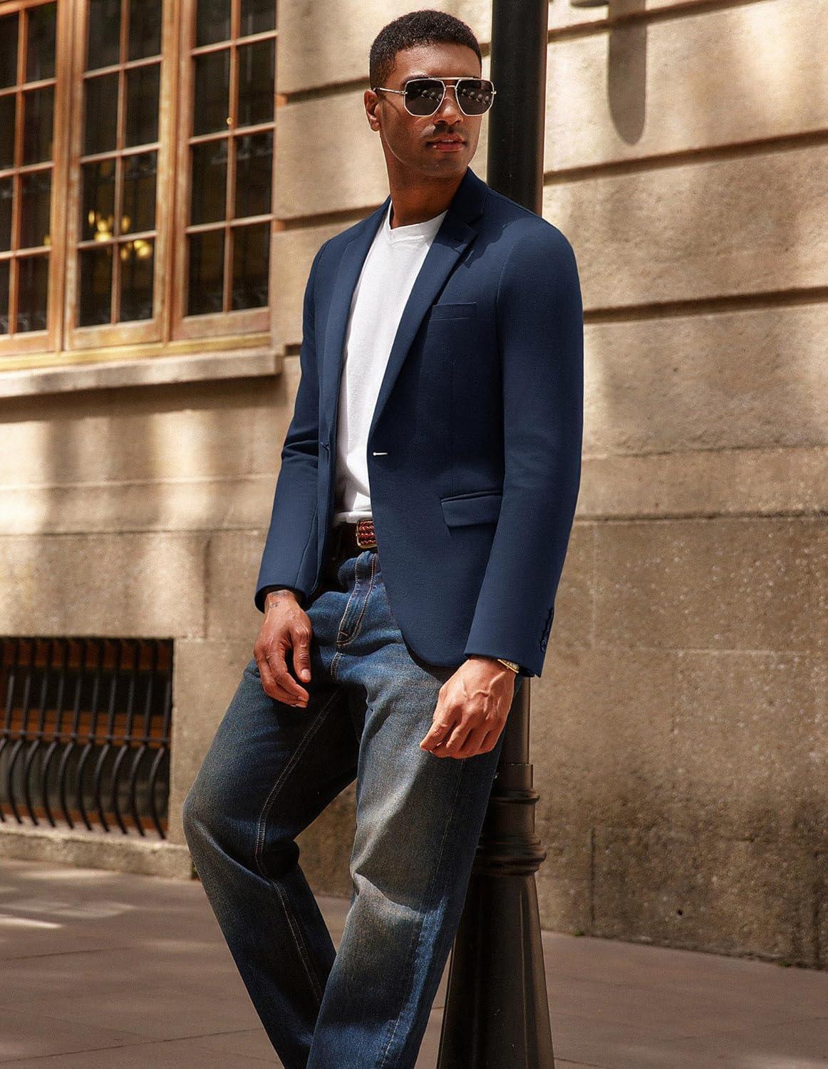 imagePJ PAUL JONES Mens Casual Knit Sport Coats One Button Slim Fit Blazer Notch Lapel Solid Suit Jacket with PocketsNavy Blue