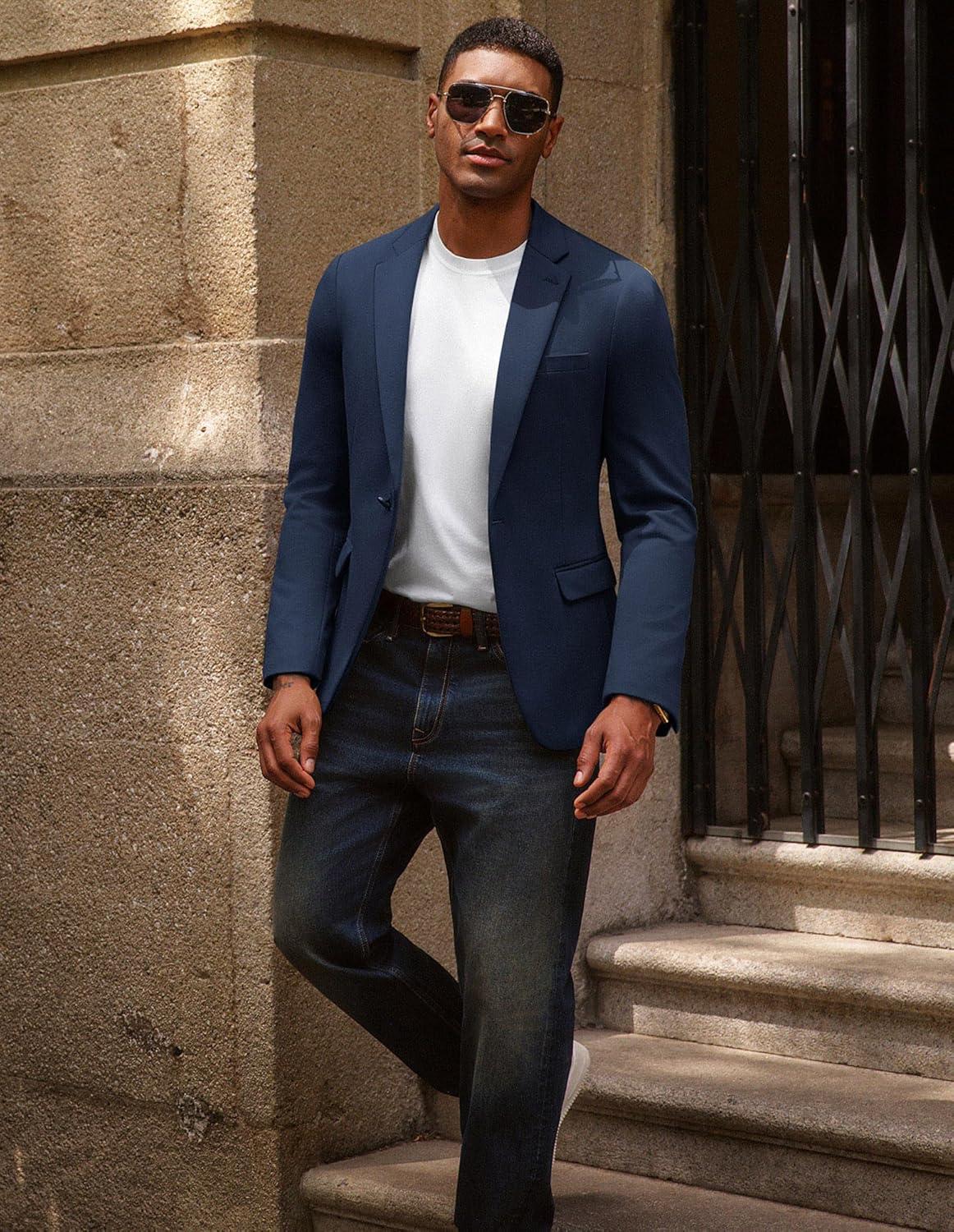 imagePJ PAUL JONES Mens Casual Knit Sport Coats One Button Slim Fit Blazer Notch Lapel Solid Suit Jacket with PocketsNavy Blue