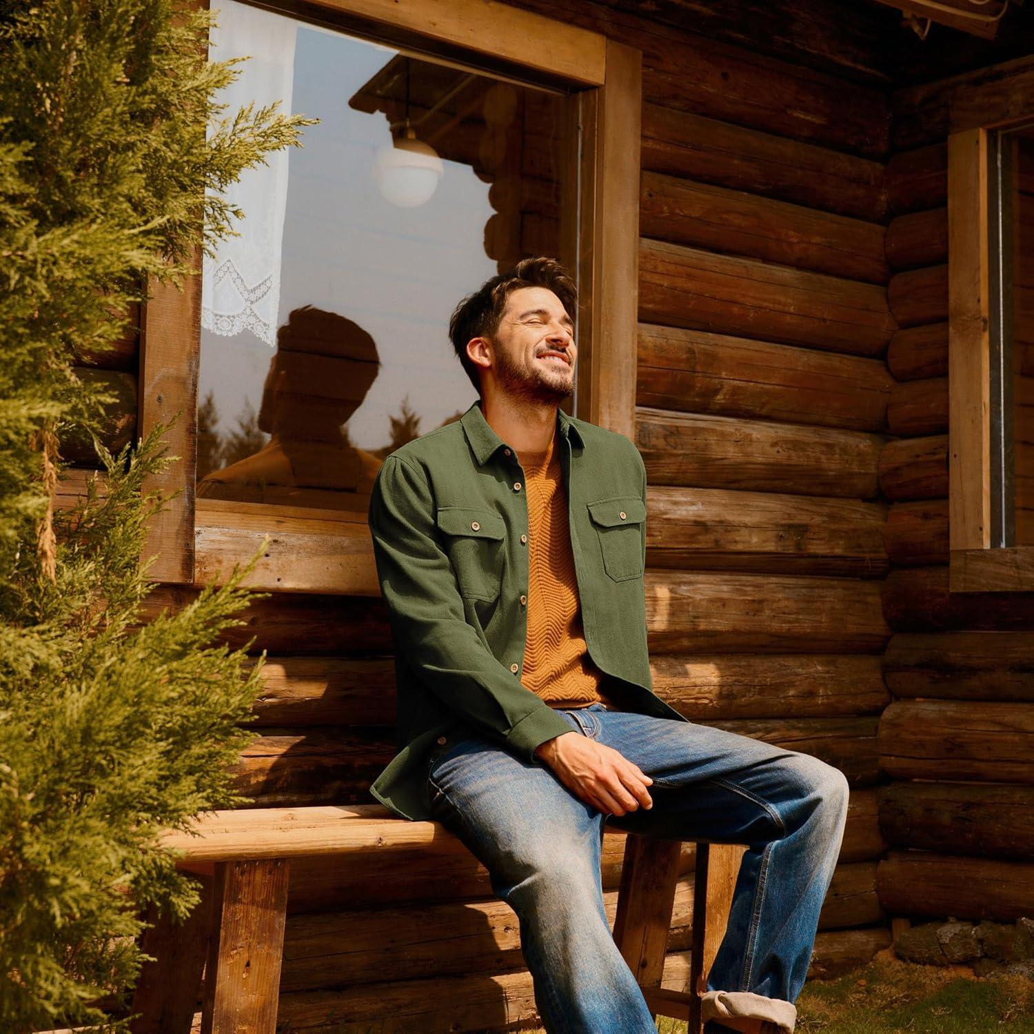 imagePJ PAUL JONES Mens Casual Shacket Cotton Twill Lightweight Jackets Button Down Shirt Jacket with PocketsArmy Green