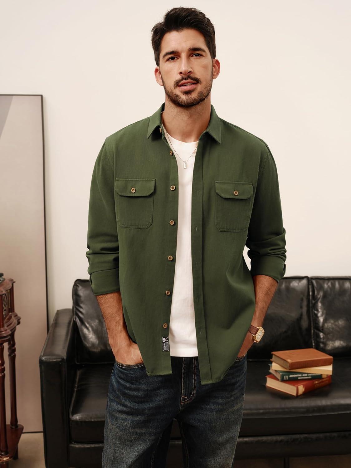 imagePJ PAUL JONES Mens Casual Shacket Cotton Twill Lightweight Jackets Button Down Shirt Jacket with PocketsArmy Green