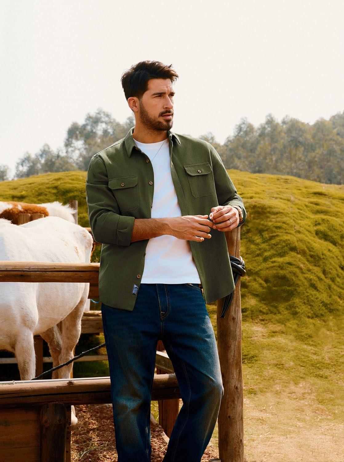 imagePJ PAUL JONES Mens Casual Shacket Cotton Twill Lightweight Jackets Button Down Shirt Jacket with PocketsArmy Green