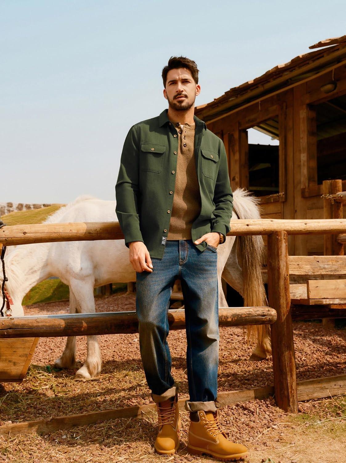 imagePJ PAUL JONES Mens Casual Shacket Cotton Twill Lightweight Jackets Button Down Shirt Jacket with PocketsArmy Green