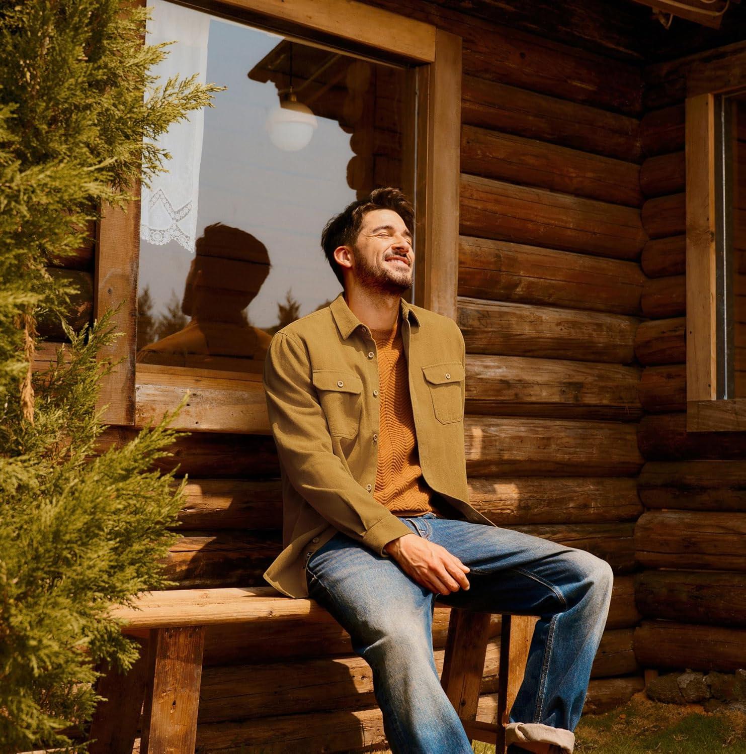 imagePJ PAUL JONES Mens Casual Shacket Cotton Twill Lightweight Jackets Button Down Shirt Jacket with PocketsGinger