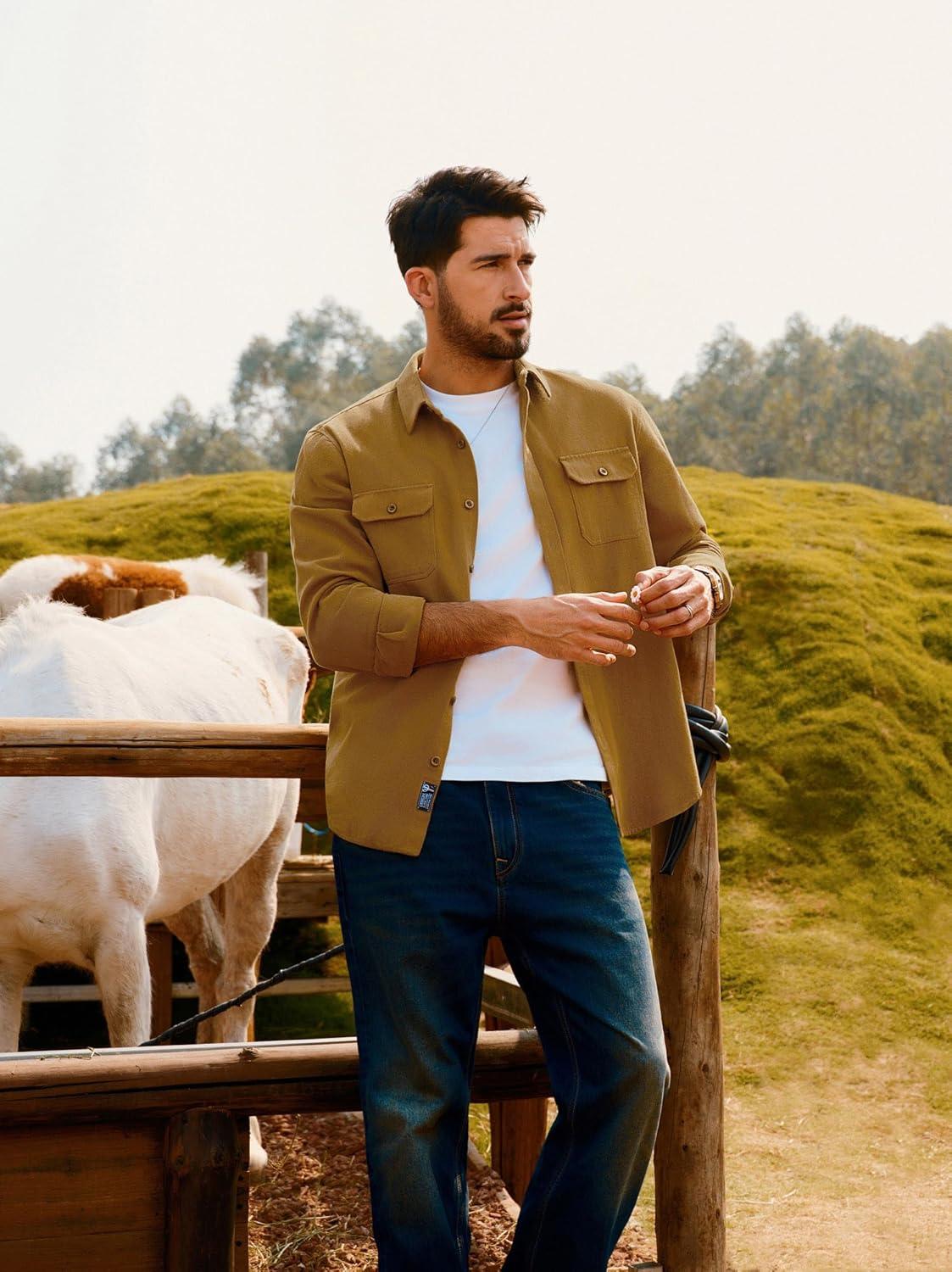 imagePJ PAUL JONES Mens Casual Shacket Cotton Twill Lightweight Jackets Button Down Shirt Jacket with PocketsGinger