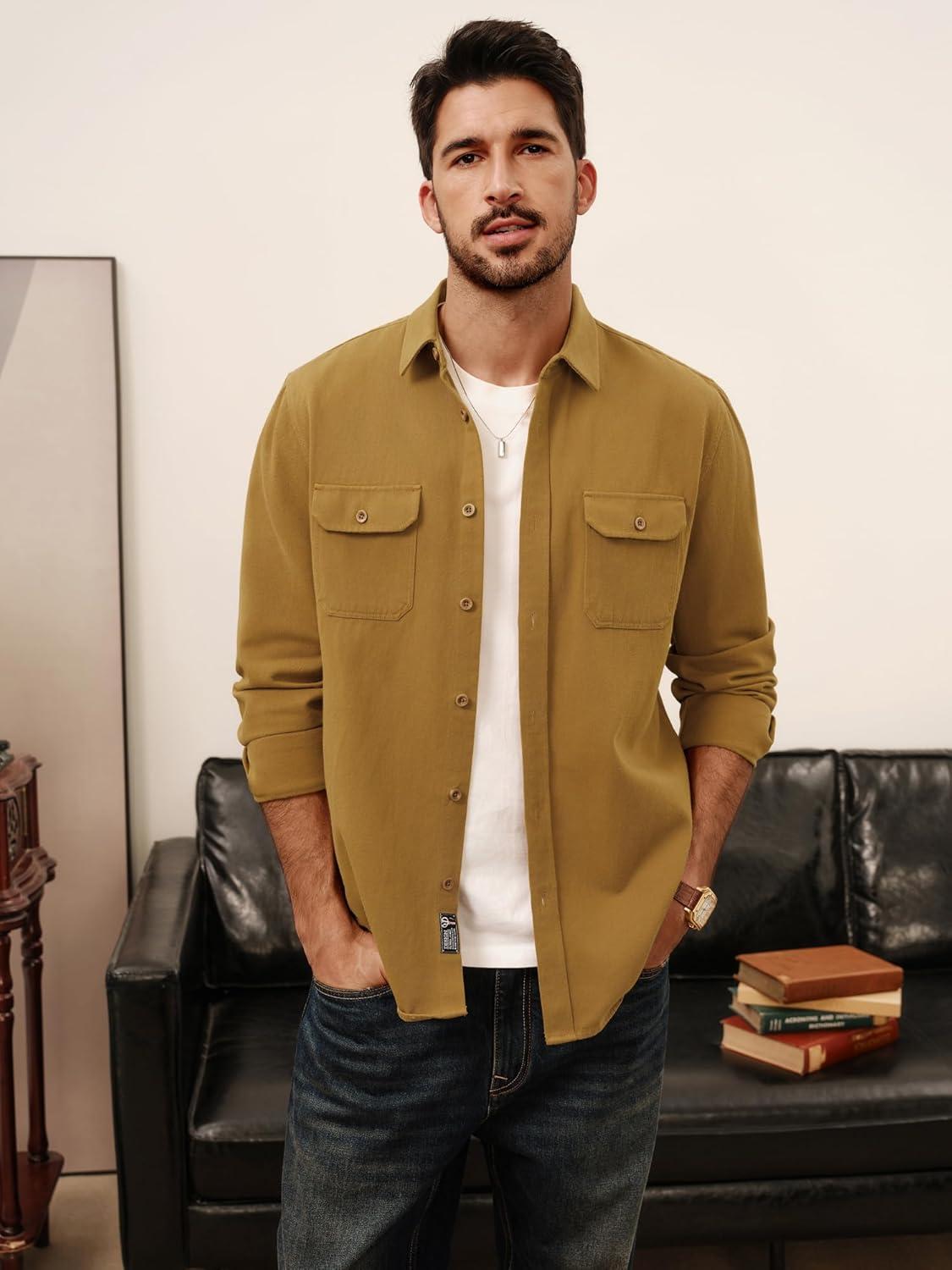 imagePJ PAUL JONES Mens Casual Shacket Cotton Twill Lightweight Jackets Button Down Shirt Jacket with PocketsGinger