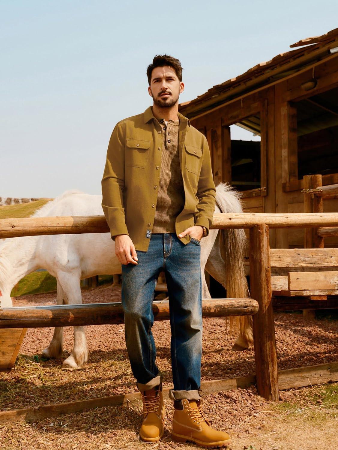 imagePJ PAUL JONES Mens Casual Shacket Cotton Twill Lightweight Jackets Button Down Shirt Jacket with PocketsGinger