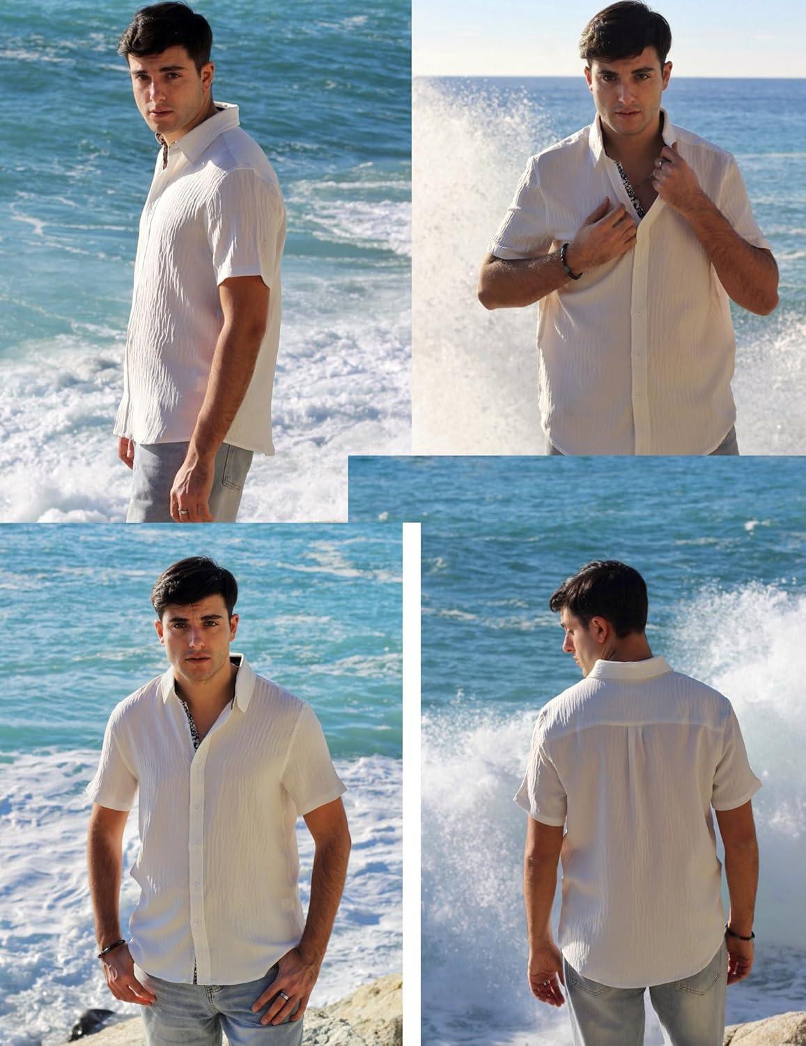 imagePJ PAUL JONES Mens Casual Short Sleeve Button Down Shirt Summer Beach Wedding ShirtWhite