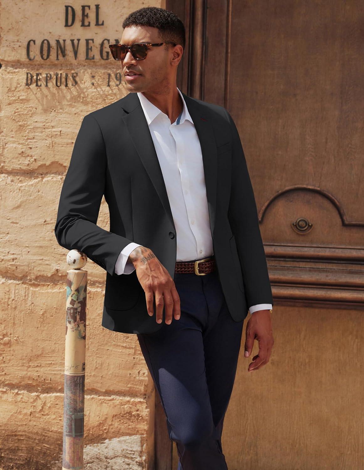 imagePJ PAUL JONES Mens Casual Sport Coats One Button Slim Fit Blazer Lightweight Notched Lapel Solid Suit JacketBlack