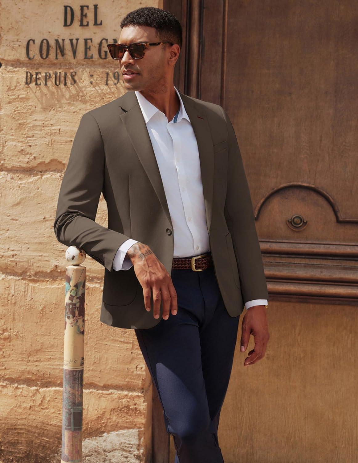 imagePJ PAUL JONES Mens Casual Sport Coats One Button Slim Fit Blazer Lightweight Notched Lapel Solid Suit JacketCoffee