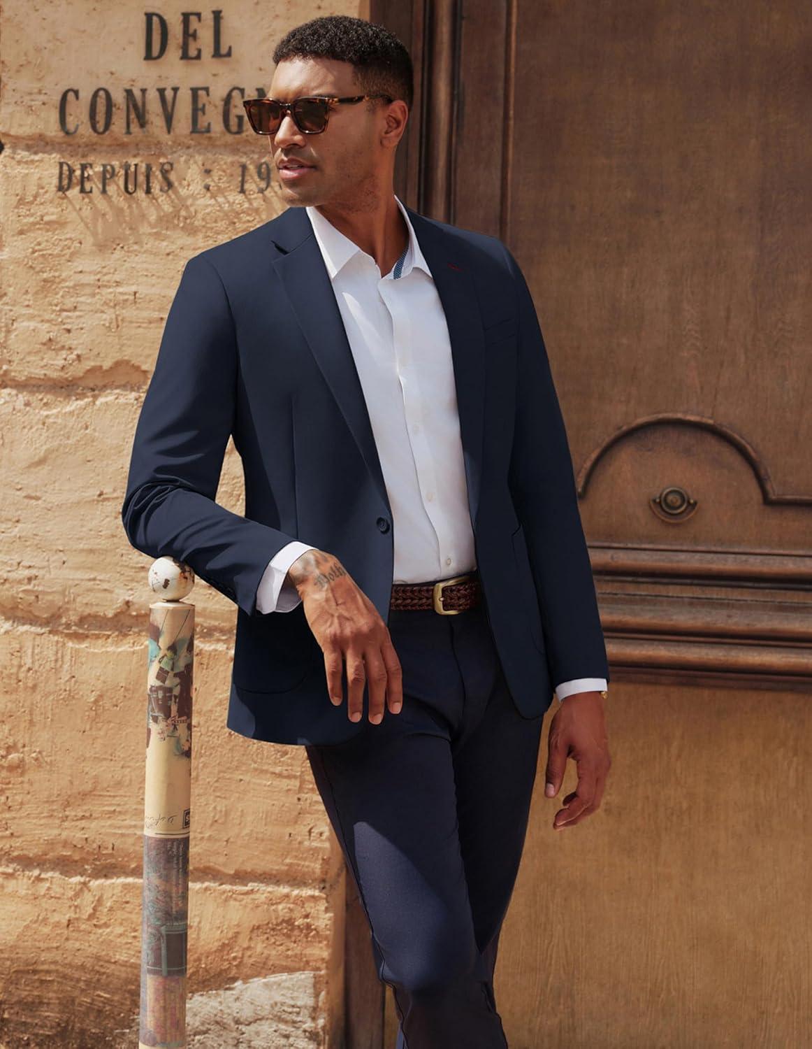 imagePJ PAUL JONES Mens Casual Sport Coats One Button Slim Fit Blazer Lightweight Notched Lapel Solid Suit JacketNavy Blue