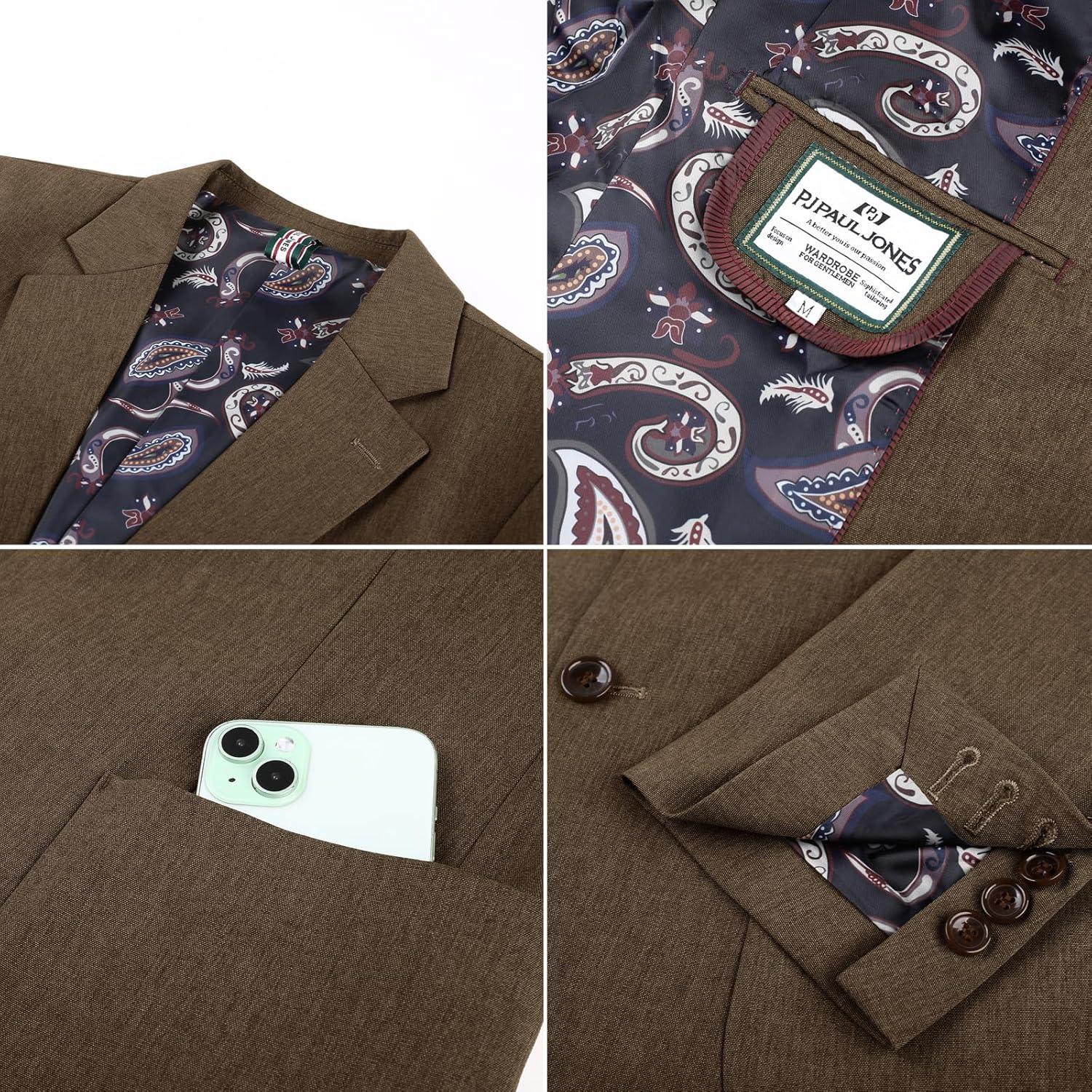 imagePJ PAUL JONES Mens Casual Sport Coats Two Button Slim Fit Blazer Lightweight Pattern Lined Notch Lapel Suit JacketBrown
