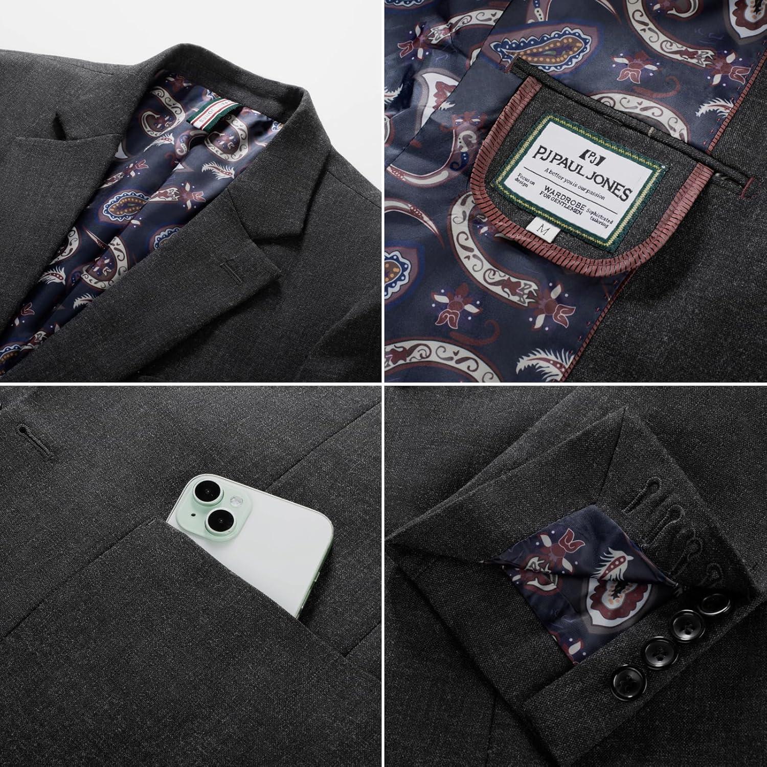 imagePJ PAUL JONES Mens Casual Sport Coats Two Button Slim Fit Blazer Lightweight Pattern Lined Notch Lapel Suit JacketCarbon Grey