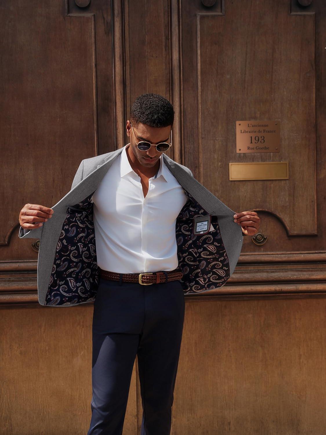 imagePJ PAUL JONES Mens Casual Sport Coats Two Button Slim Fit Blazer Lightweight Pattern Lined Notch Lapel Suit JacketGrey