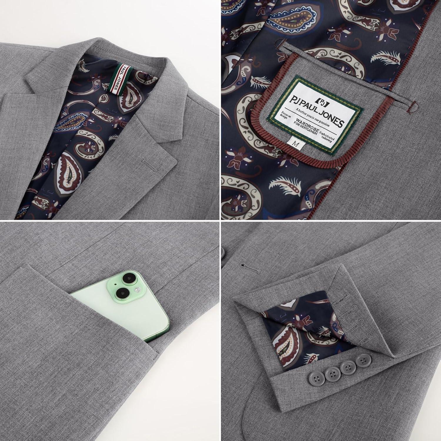 imagePJ PAUL JONES Mens Casual Sport Coats Two Button Slim Fit Blazer Lightweight Pattern Lined Notch Lapel Suit JacketGrey