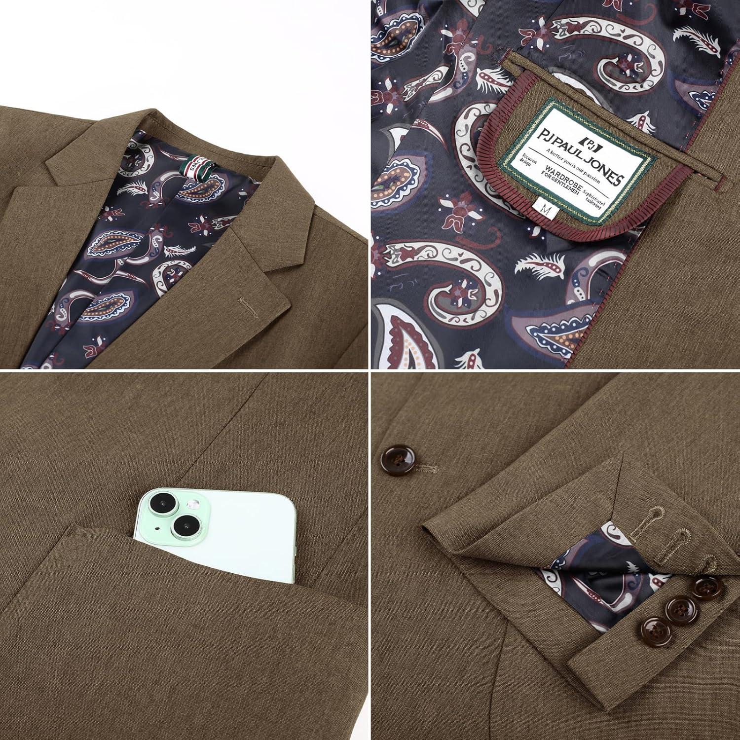 imagePJ PAUL JONES Mens Casual Sport Coats Two Button Slim Fit Blazer Lightweight Pattern Lined Notch Lapel Suit JacketKhaki