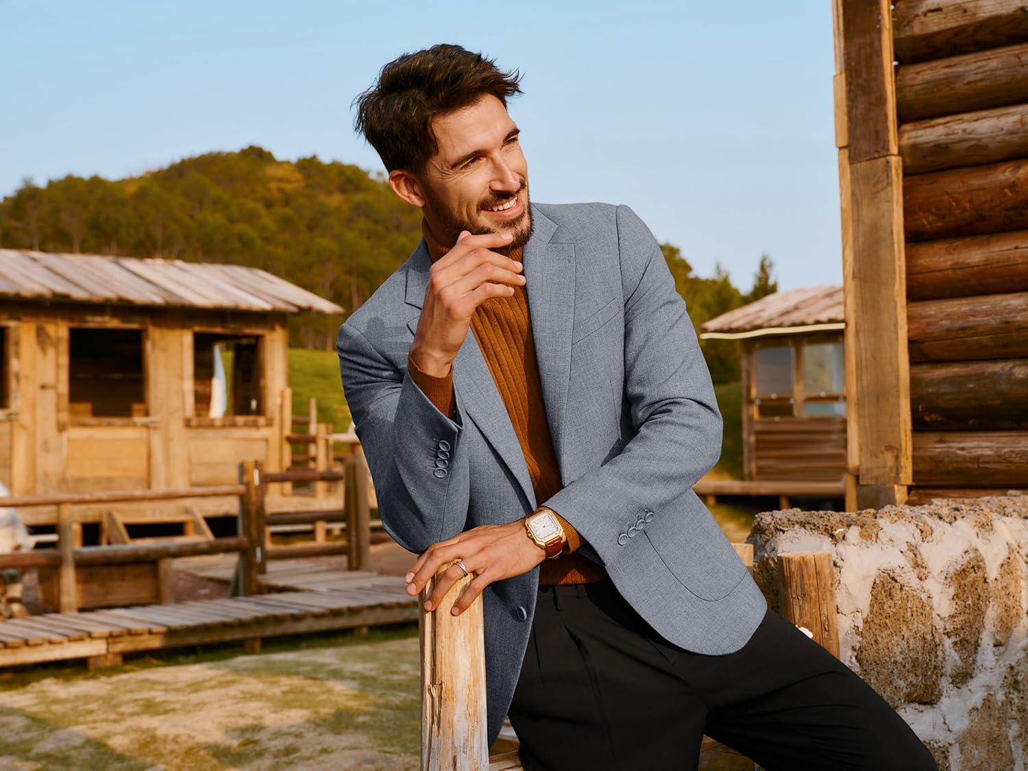 imagePJ PAUL JONES Mens Casual Sport Coats Two Button Slim Fit Blazer Lightweight Pattern Lined Notch Lapel Suit JacketLight Blue