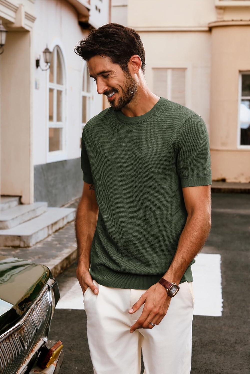 imagePJ PAUL JONES Mens Casual TShirts Classic Short Sleeve Knit Tees Crewneck Solid Tee ShirtsArmy Green