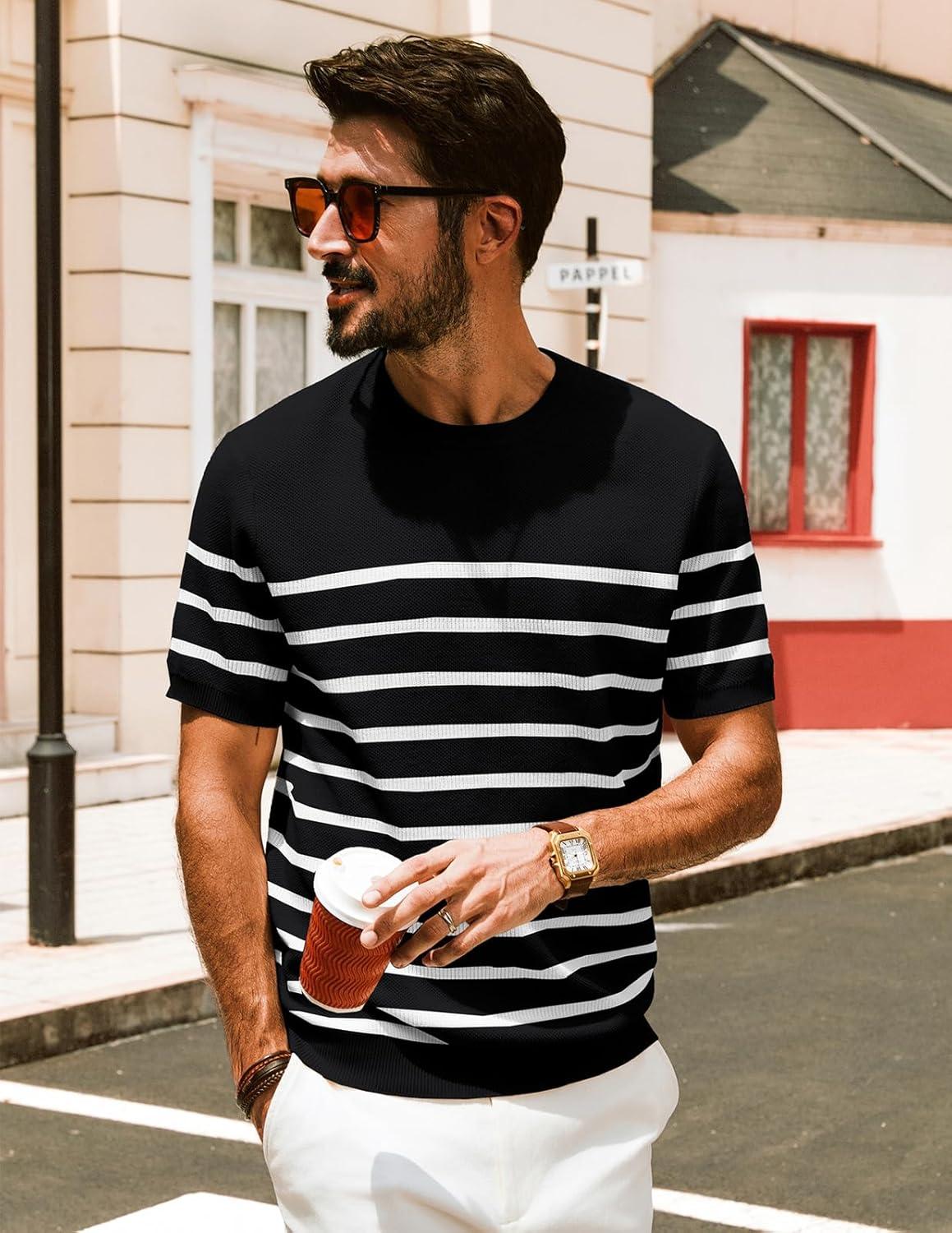 imagePJ PAUL JONES Mens Casual TShirts Classic Short Sleeve Knit Tees Crewneck Solid Tee ShirtsBlackstriped