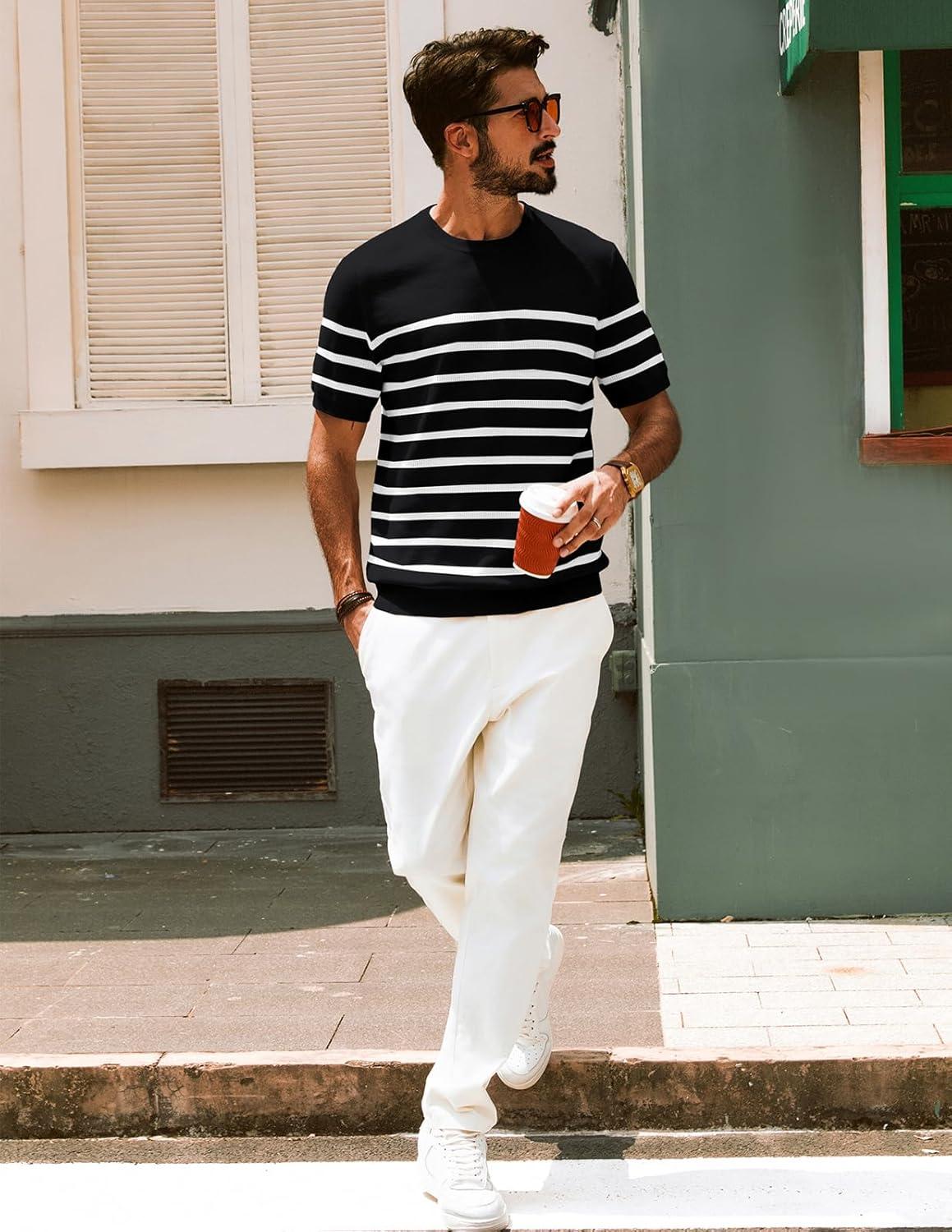 imagePJ PAUL JONES Mens Casual TShirts Classic Short Sleeve Knit Tees Crewneck Solid Tee ShirtsBlackstriped