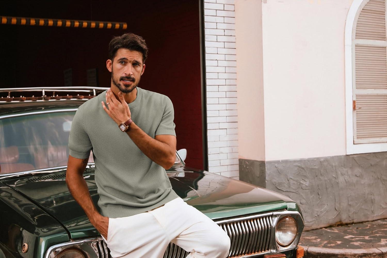 imagePJ PAUL JONES Mens Casual TShirts Classic Short Sleeve Knit Tees Crewneck Solid Tee ShirtsKhaki Green