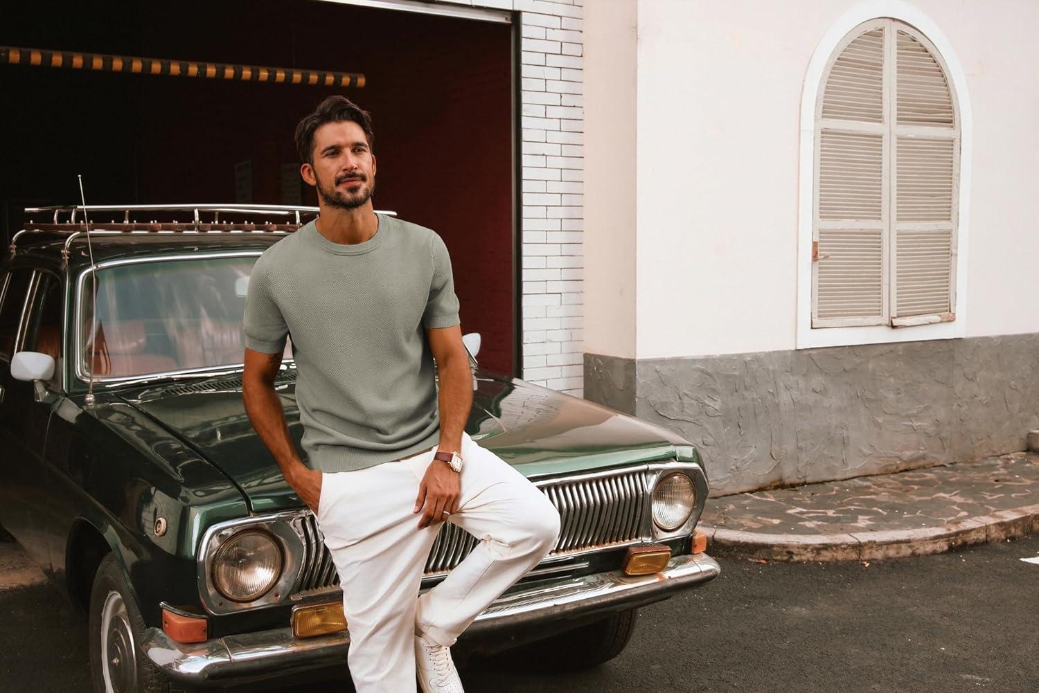 imagePJ PAUL JONES Mens Casual TShirts Classic Short Sleeve Knit Tees Crewneck Solid Tee ShirtsKhaki Green