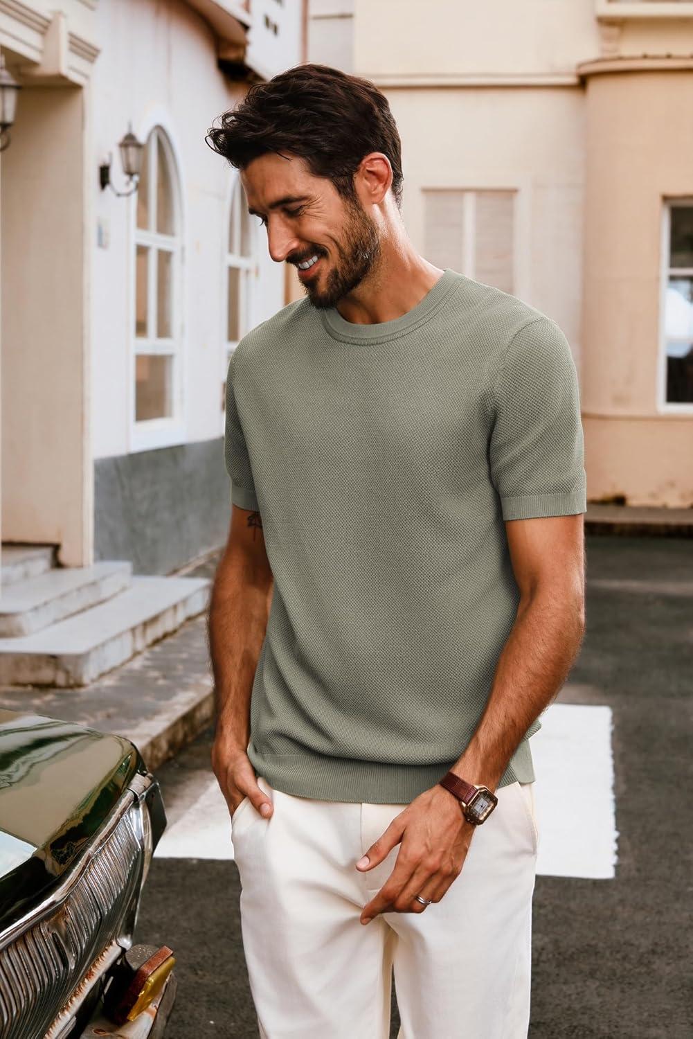 imagePJ PAUL JONES Mens Casual TShirts Classic Short Sleeve Knit Tees Crewneck Solid Tee ShirtsKhaki Green