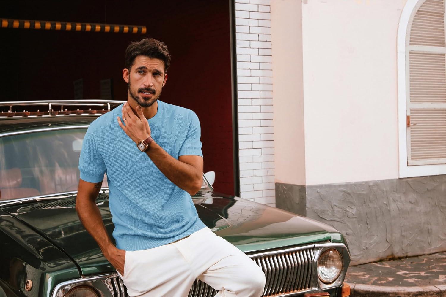 imagePJ PAUL JONES Mens Casual TShirts Classic Short Sleeve Knit Tees Crewneck Solid Tee ShirtsLight Blue