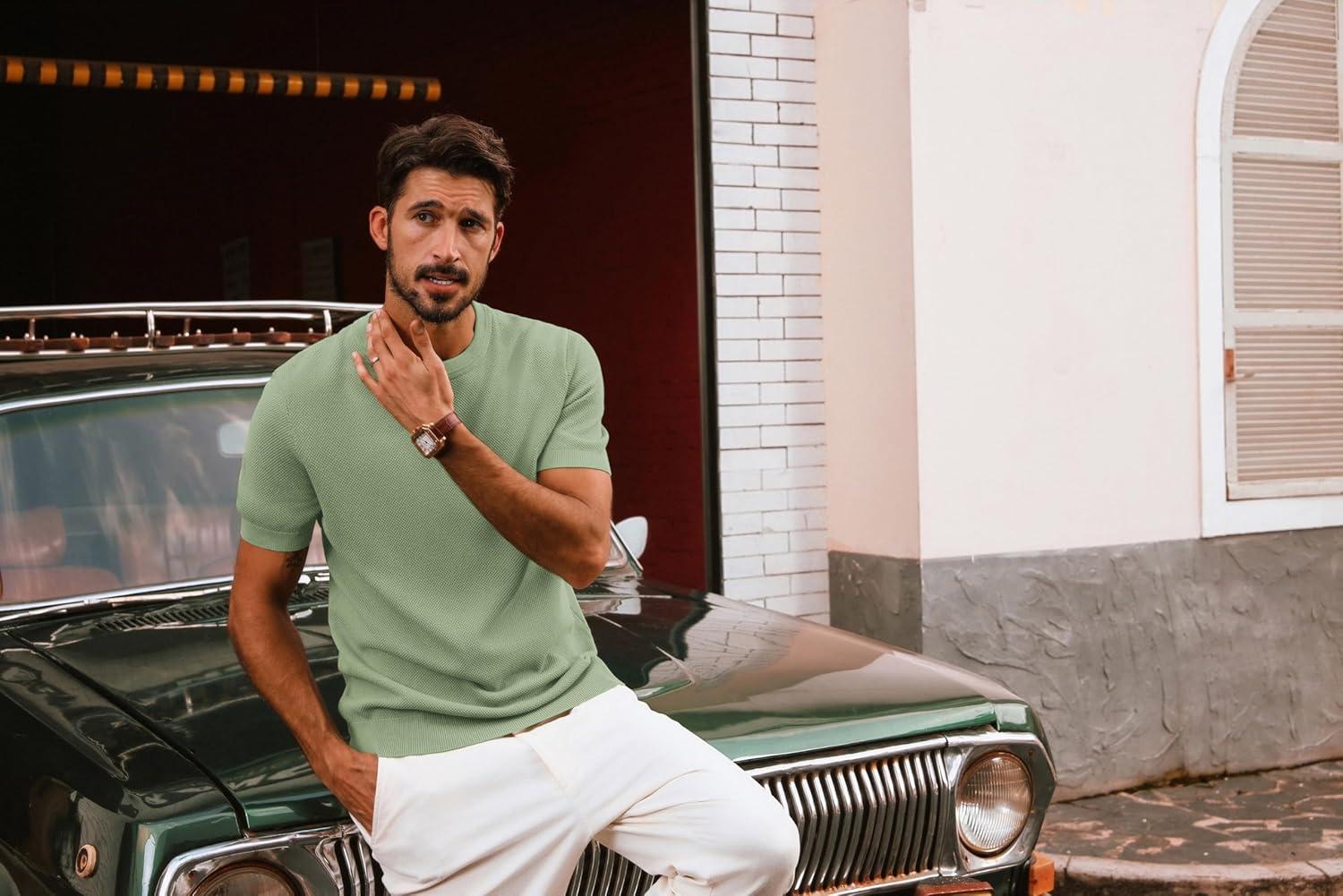 imagePJ PAUL JONES Mens Casual TShirts Classic Short Sleeve Knit Tees Crewneck Solid Tee ShirtsLight Green