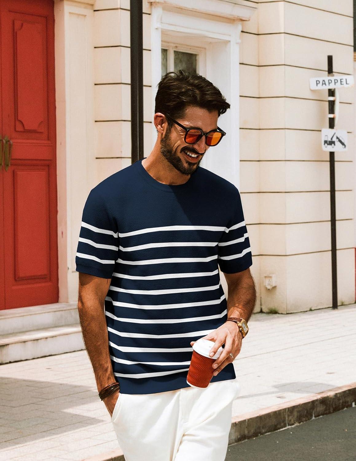 imagePJ PAUL JONES Mens Casual TShirts Classic Short Sleeve Knit Tees Crewneck Solid Tee ShirtsNavy Bluestriped