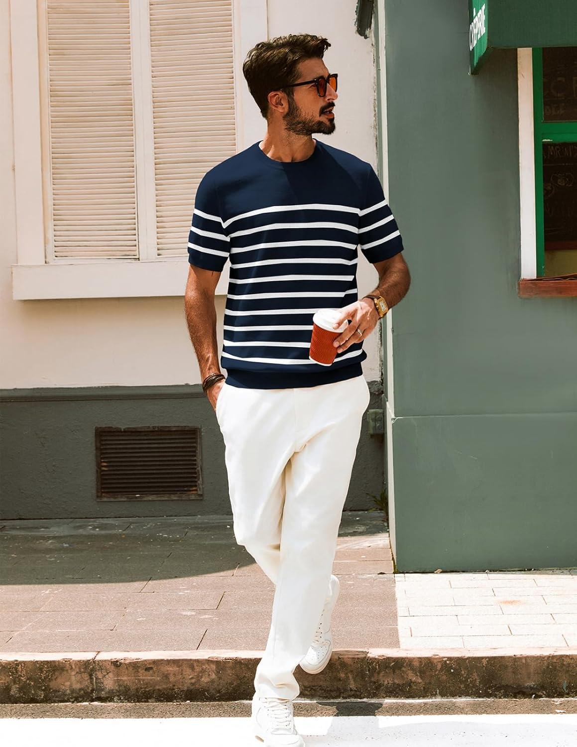 imagePJ PAUL JONES Mens Casual TShirts Classic Short Sleeve Knit Tees Crewneck Solid Tee ShirtsNavy Bluestriped