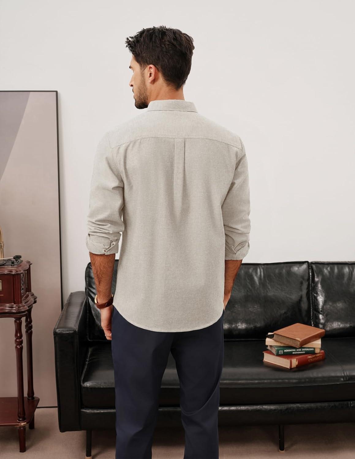 imagePJ PAUL JONES Mens Classic Fit LinenCotton Shirt Button Down Long Sleeve Casual Business ShirtsApricot