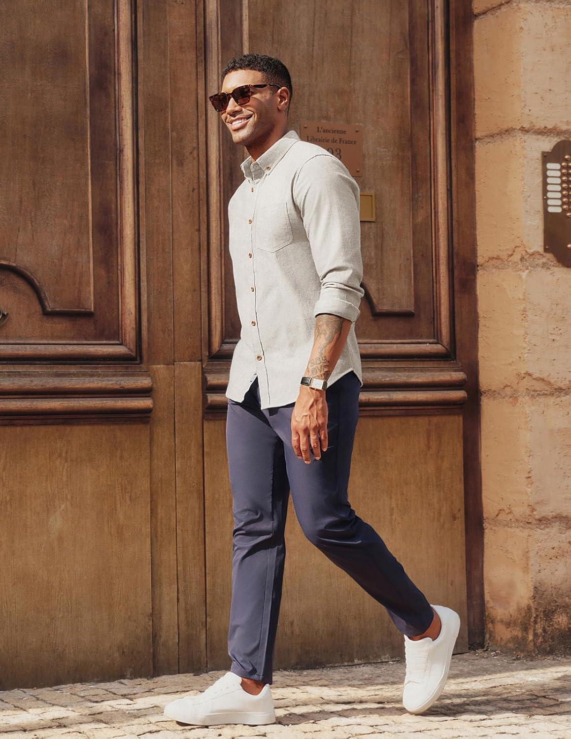 imagePJ PAUL JONES Mens Classic Fit LinenCotton Shirt Button Down Long Sleeve Casual Business ShirtsApricot