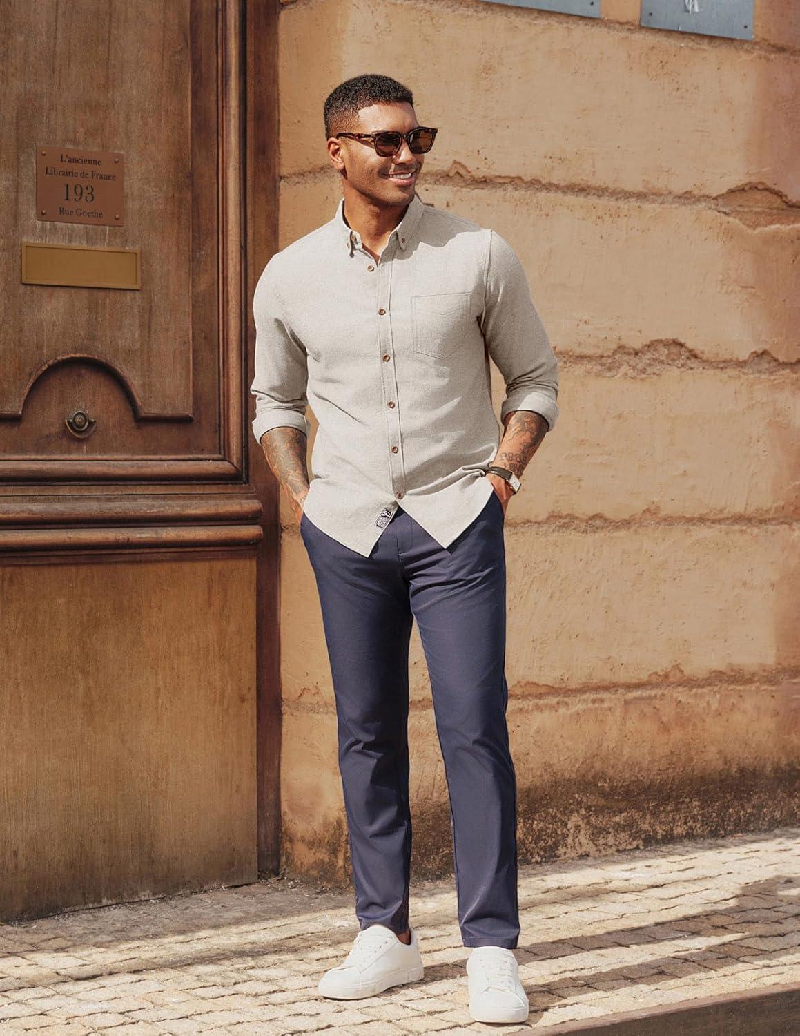 imagePJ PAUL JONES Mens Classic Fit LinenCotton Shirt Button Down Long Sleeve Casual Business ShirtsApricot