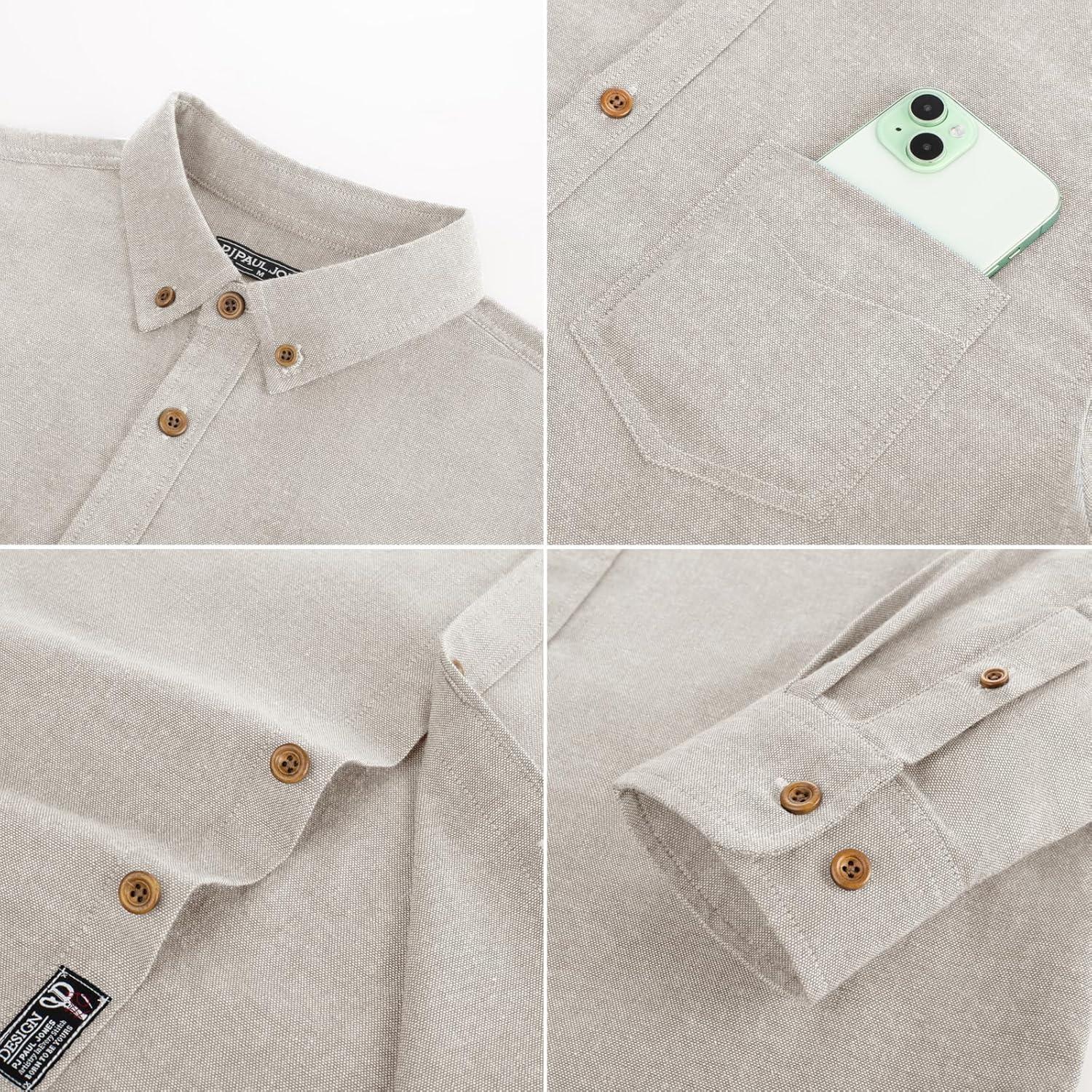 imagePJ PAUL JONES Mens Classic Fit LinenCotton Shirt Button Down Long Sleeve Casual Business ShirtsApricot
