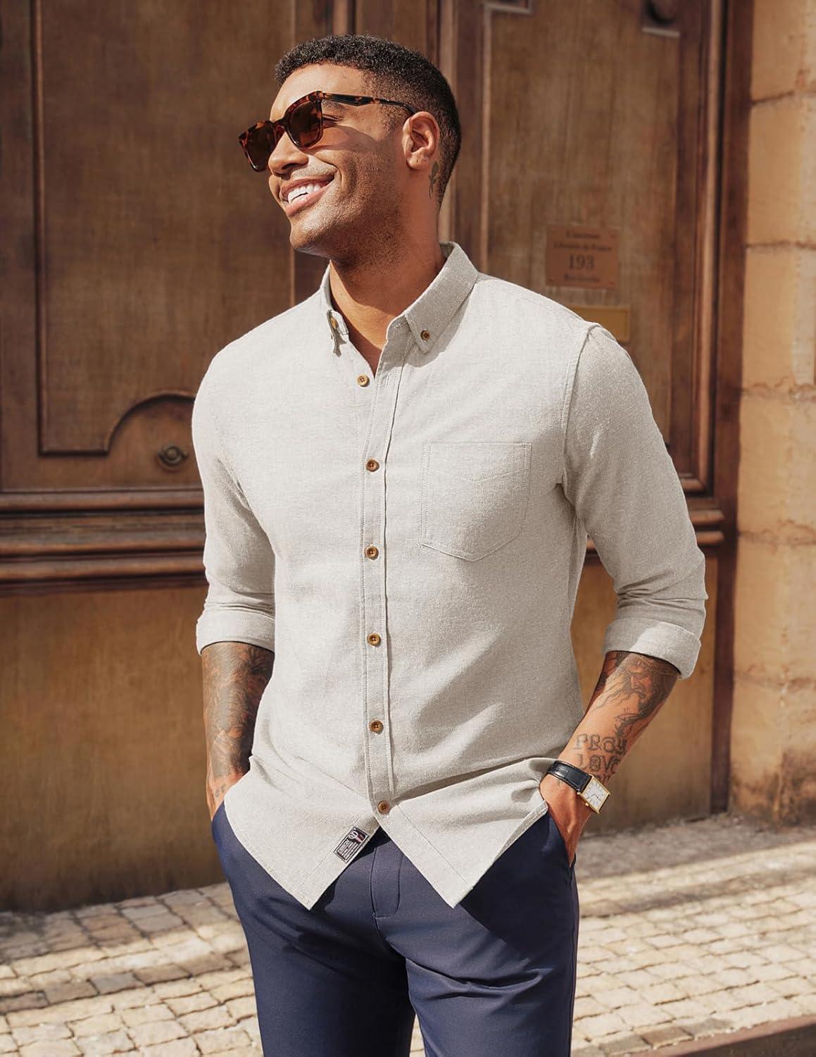 imagePJ PAUL JONES Mens Classic Fit LinenCotton Shirt Button Down Long Sleeve Casual Business ShirtsApricot