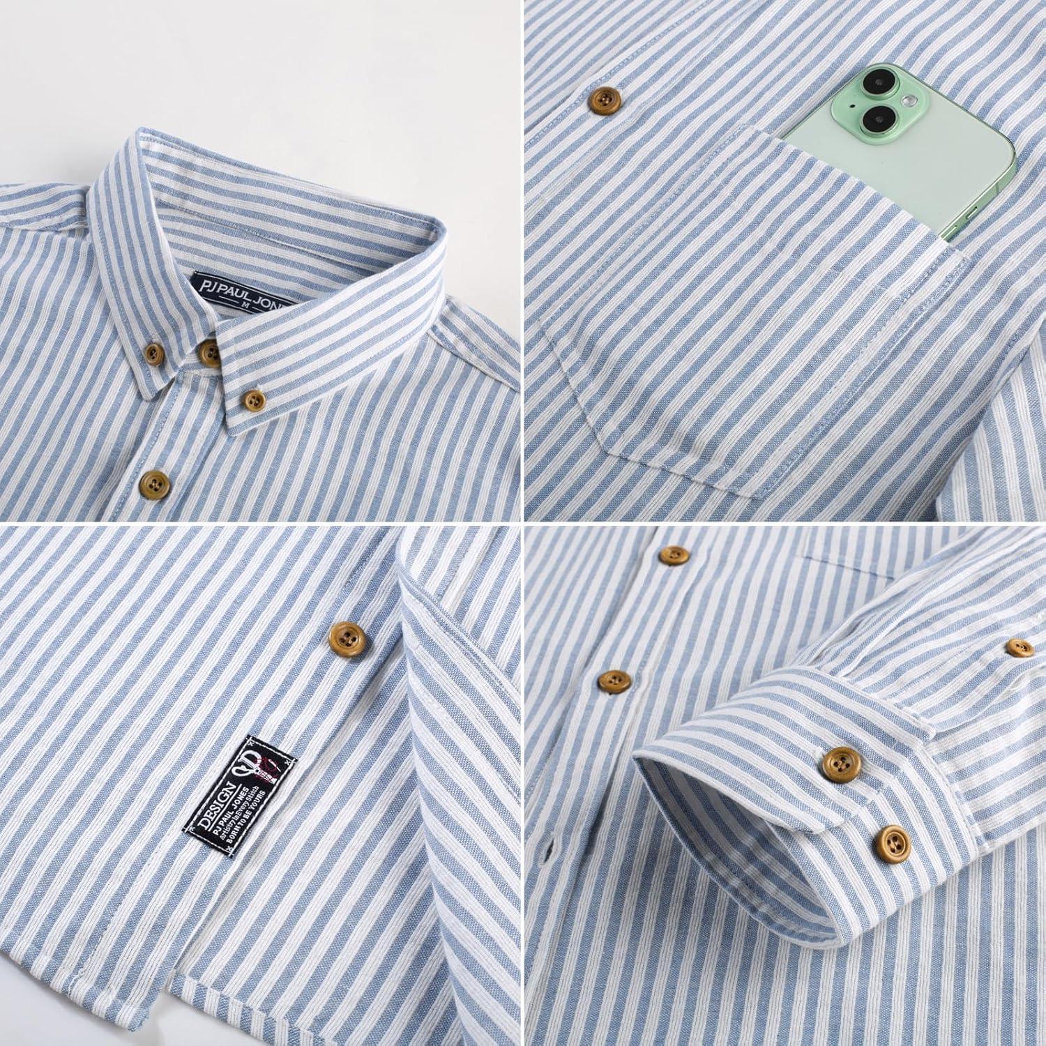 imagePJ PAUL JONES Mens Classic Fit LinenCotton Shirt Button Down Long Sleeve Casual Business ShirtsBlue Apricot Stripes