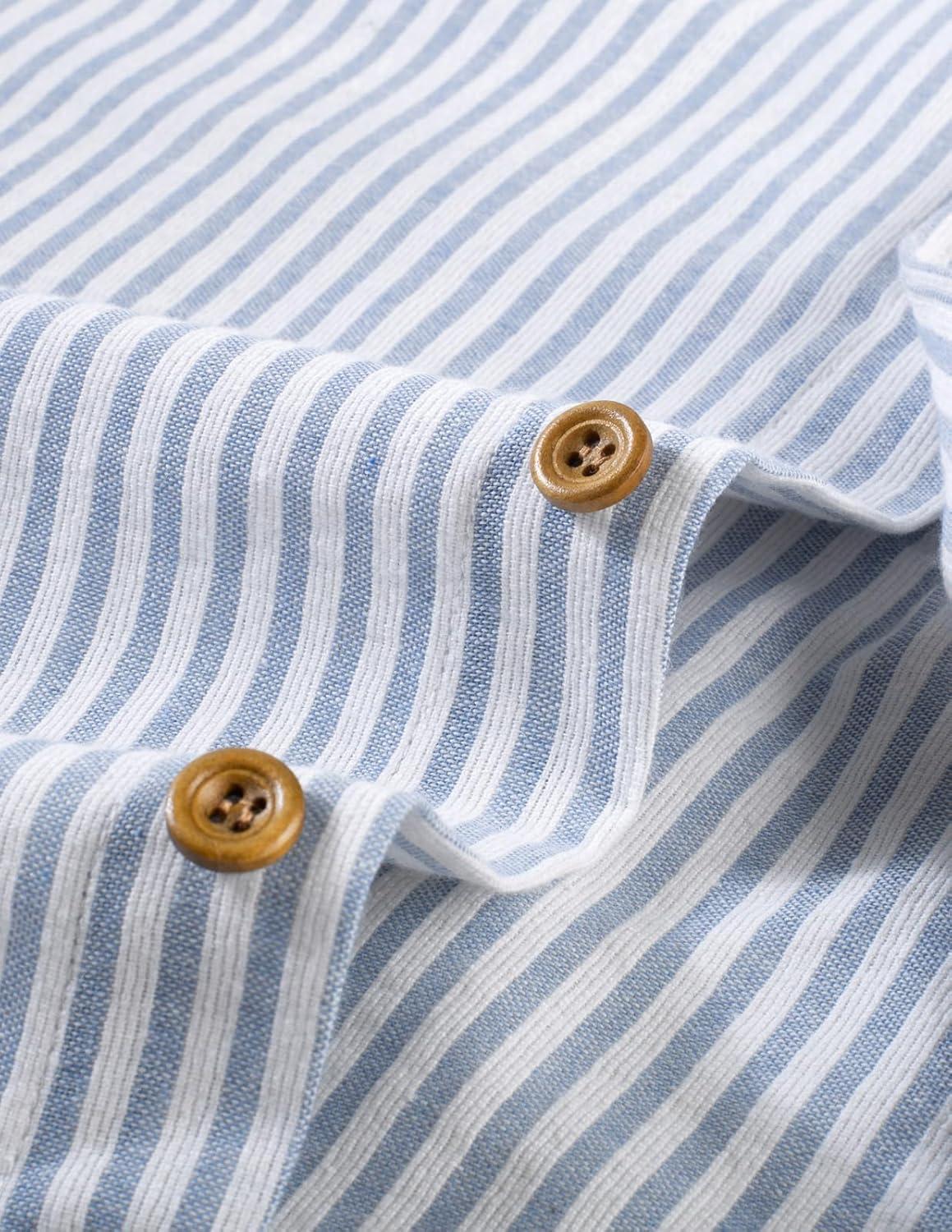 imagePJ PAUL JONES Mens Classic Fit LinenCotton Shirt Button Down Long Sleeve Casual Business ShirtsBlue Apricot Stripes