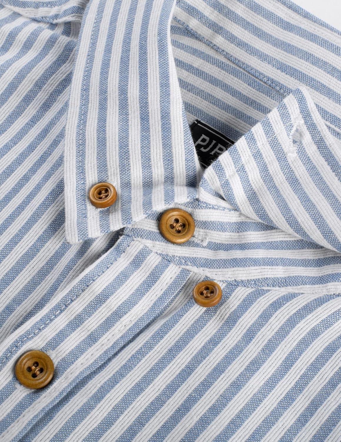 imagePJ PAUL JONES Mens Classic Fit LinenCotton Shirt Button Down Long Sleeve Casual Business ShirtsBlue Apricot Stripes