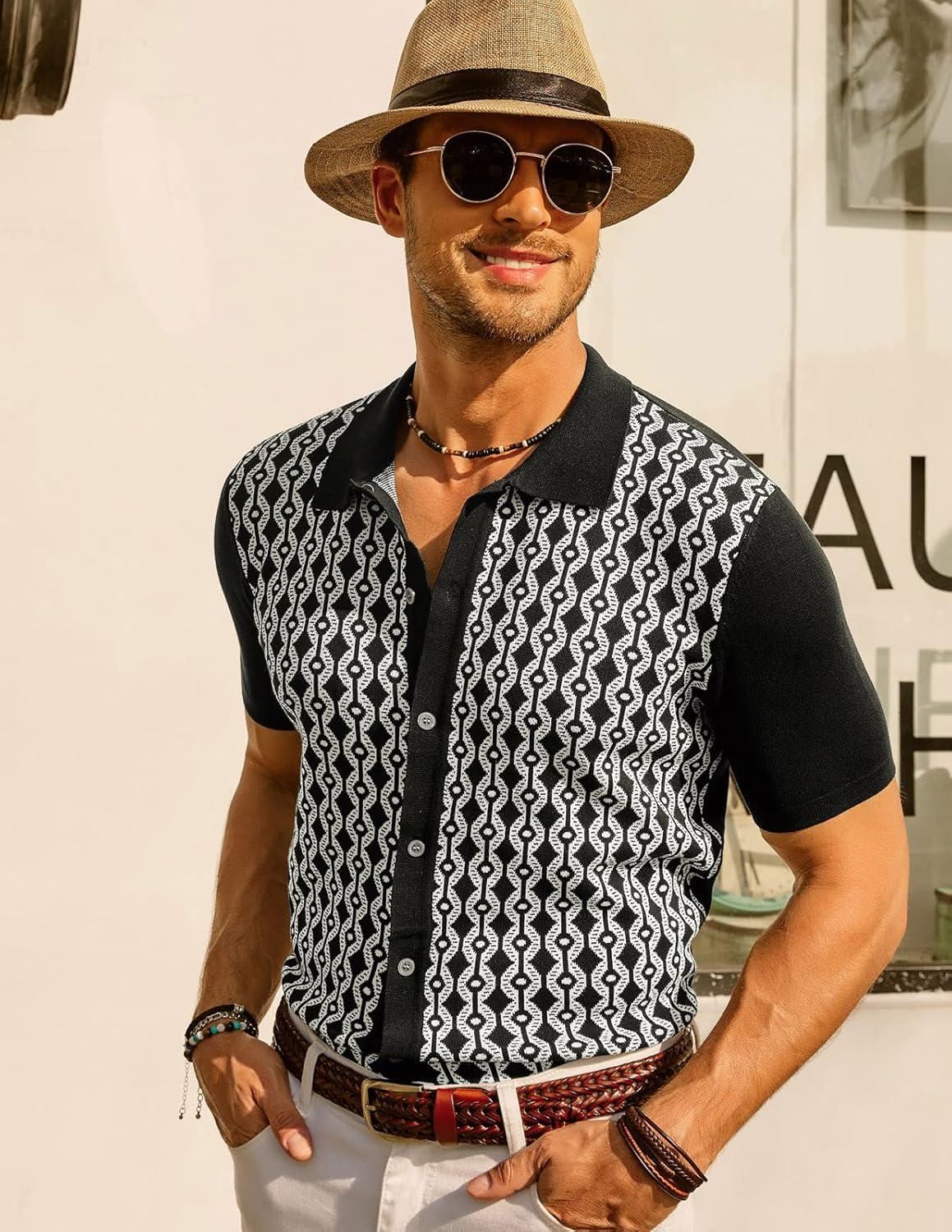 imagePJ PAUL JONES Mens Contrast 70s Vintage Polo Shirts Short Sleeve KnitwearBlack