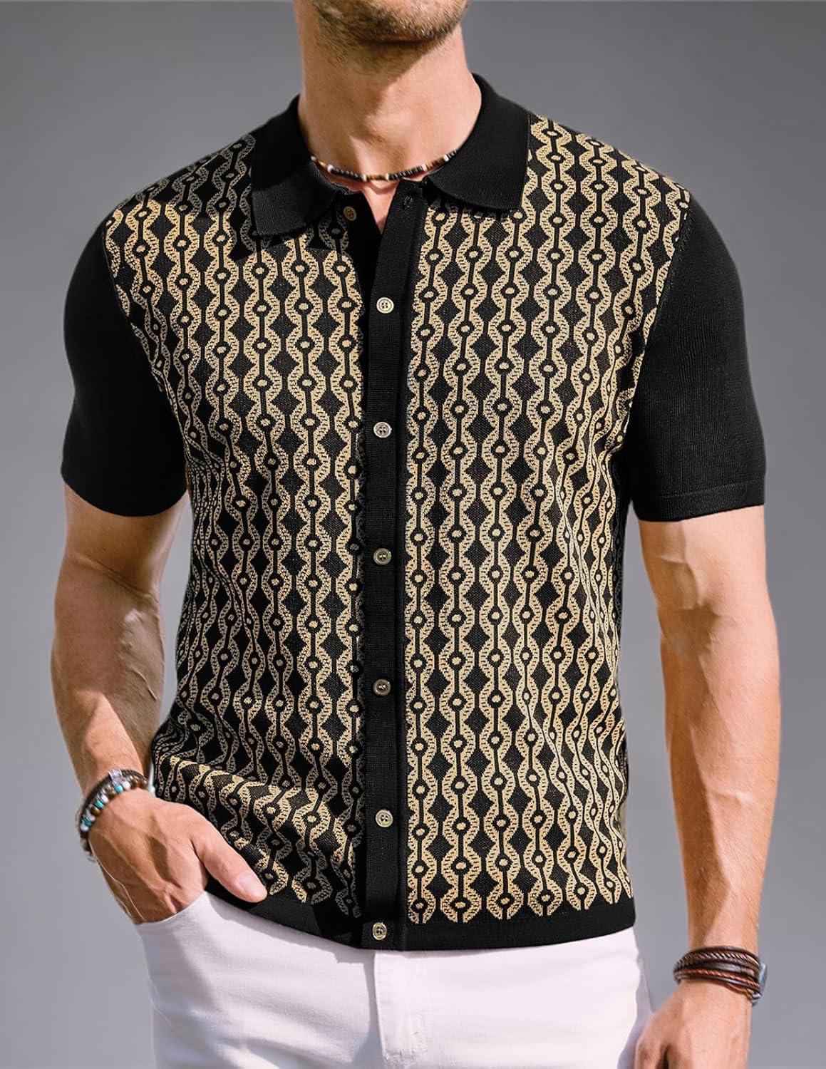 imagePJ PAUL JONES Mens Contrast 70s Vintage Polo Shirts Short Sleeve KnitwearBlackGold