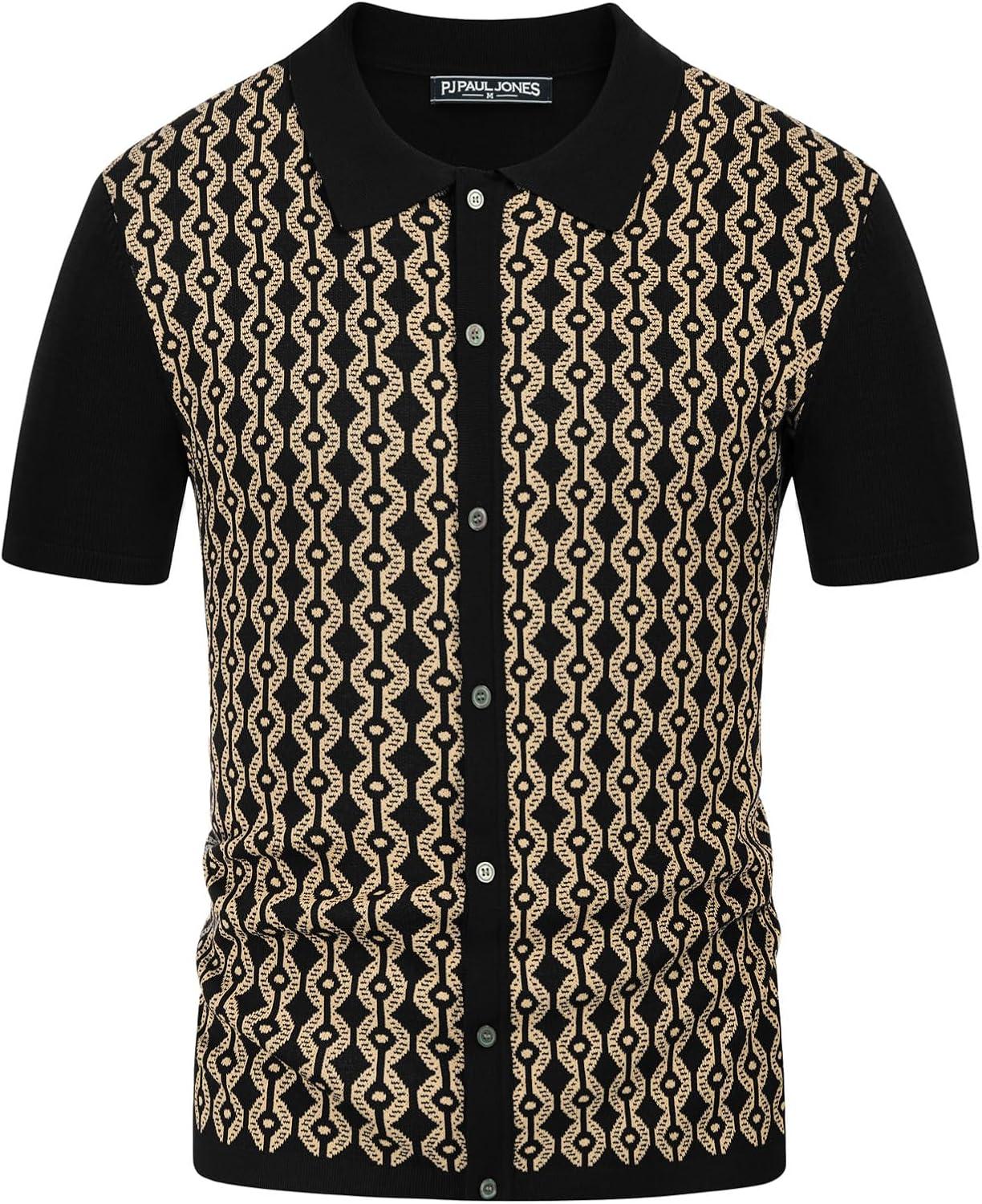 imagePJ PAUL JONES Mens Contrast 70s Vintage Polo Shirts Short Sleeve KnitwearBlackGold
