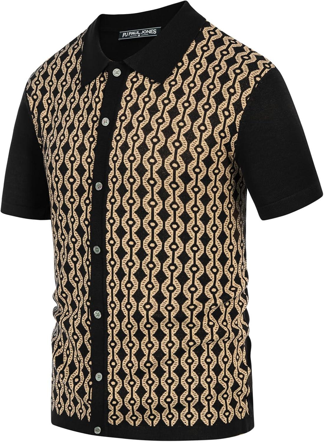 imagePJ PAUL JONES Mens Contrast 70s Vintage Polo Shirts Short Sleeve KnitwearBlackGold