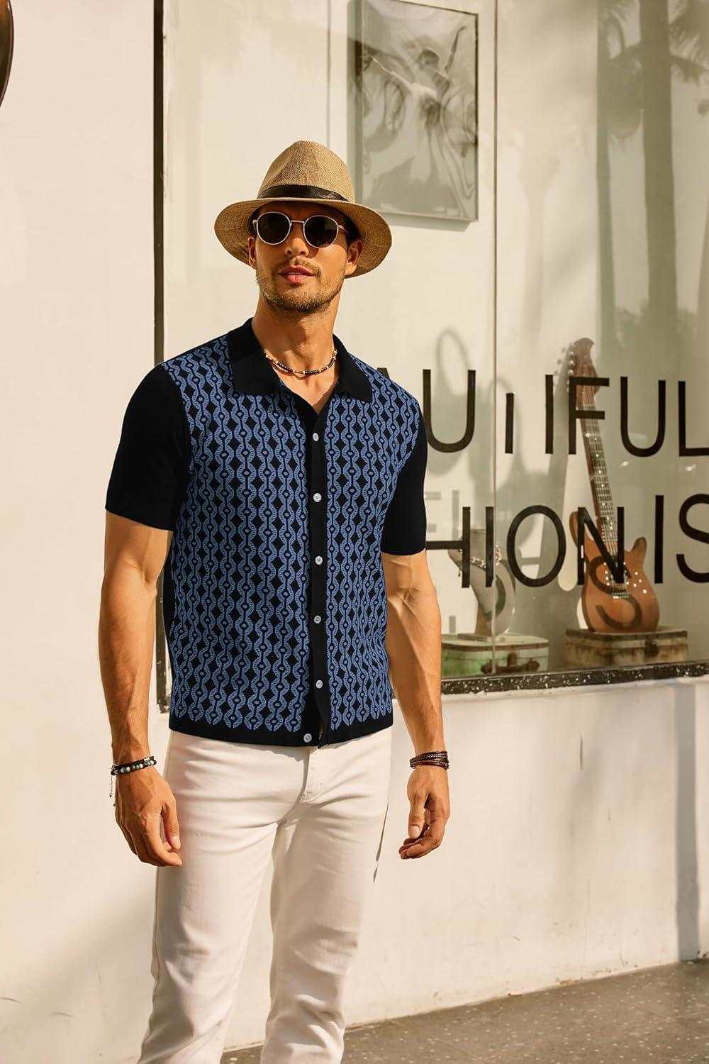 imagePJ PAUL JONES Mens Contrast 70s Vintage Polo Shirts Short Sleeve KnitwearBlackIndigo