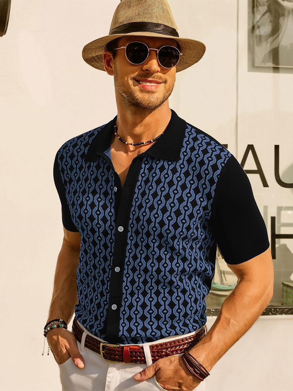 imagePJ PAUL JONES Mens Contrast 70s Vintage Polo Shirts Short Sleeve KnitwearBlackIndigo