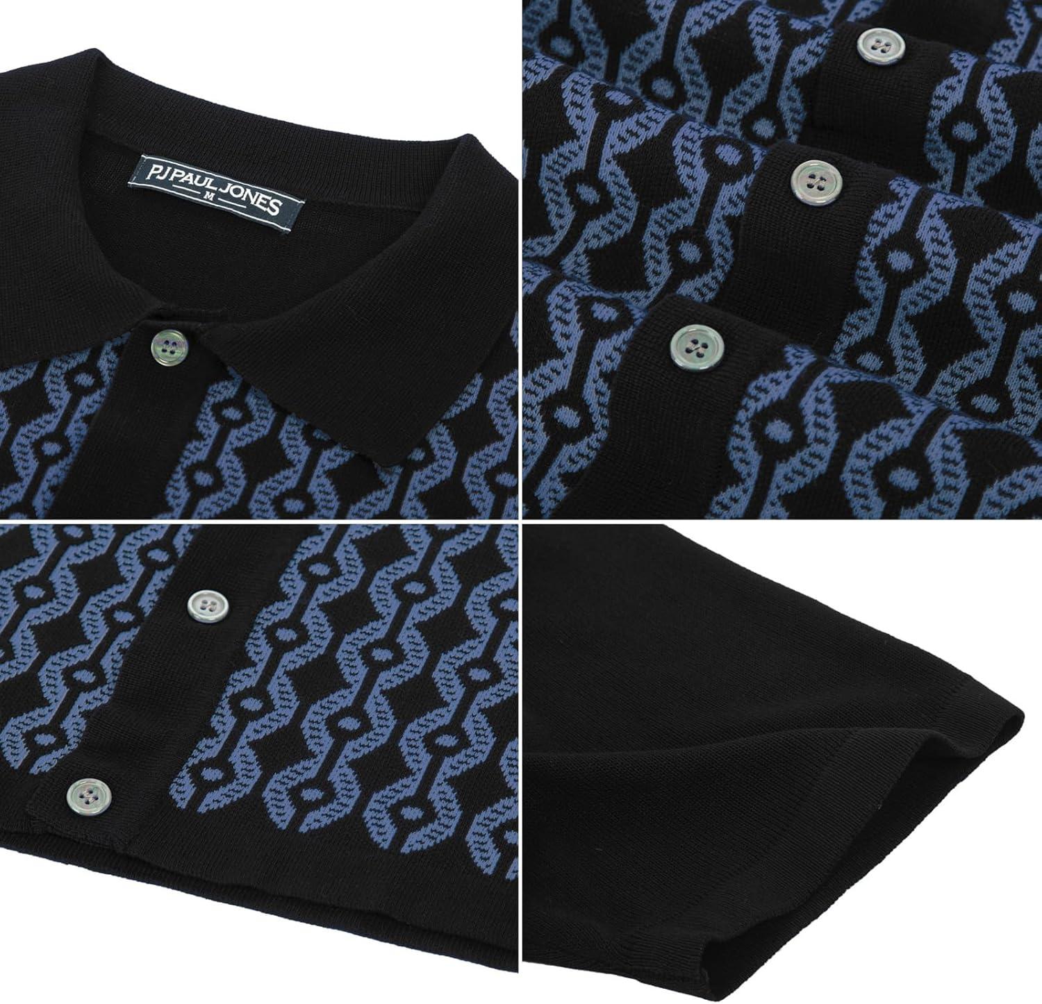 imagePJ PAUL JONES Mens Contrast 70s Vintage Polo Shirts Short Sleeve KnitwearBlackIndigo