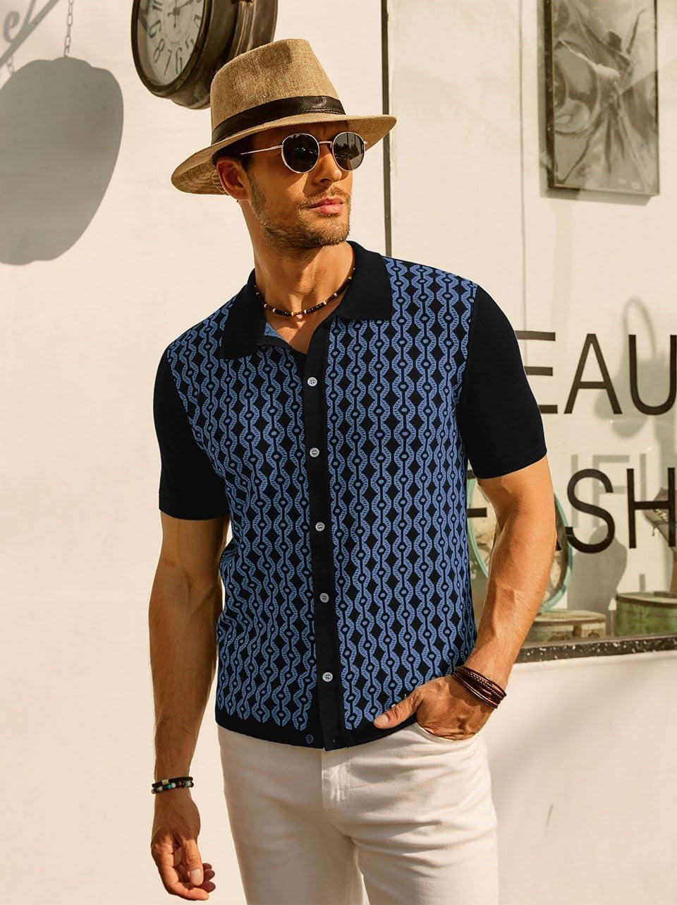 imagePJ PAUL JONES Mens Contrast 70s Vintage Polo Shirts Short Sleeve KnitwearBlackIndigo