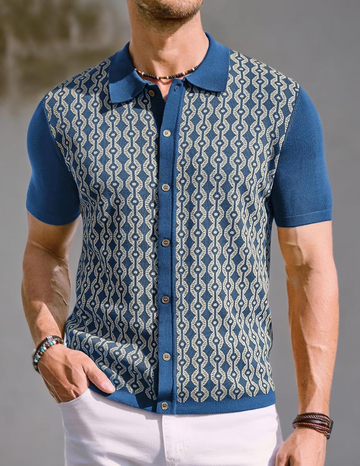 imagePJ PAUL JONES Mens Contrast 70s Vintage Polo Shirts Short Sleeve KnitwearBlue