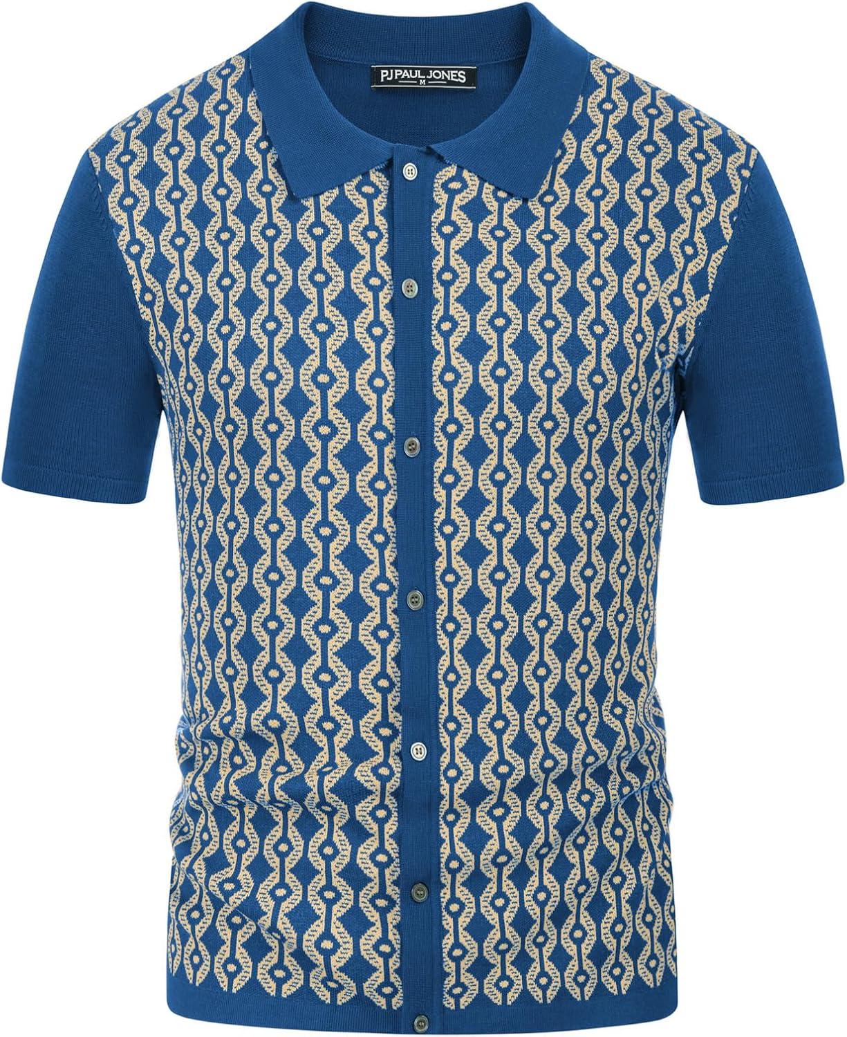 imagePJ PAUL JONES Mens Contrast 70s Vintage Polo Shirts Short Sleeve KnitwearBlue